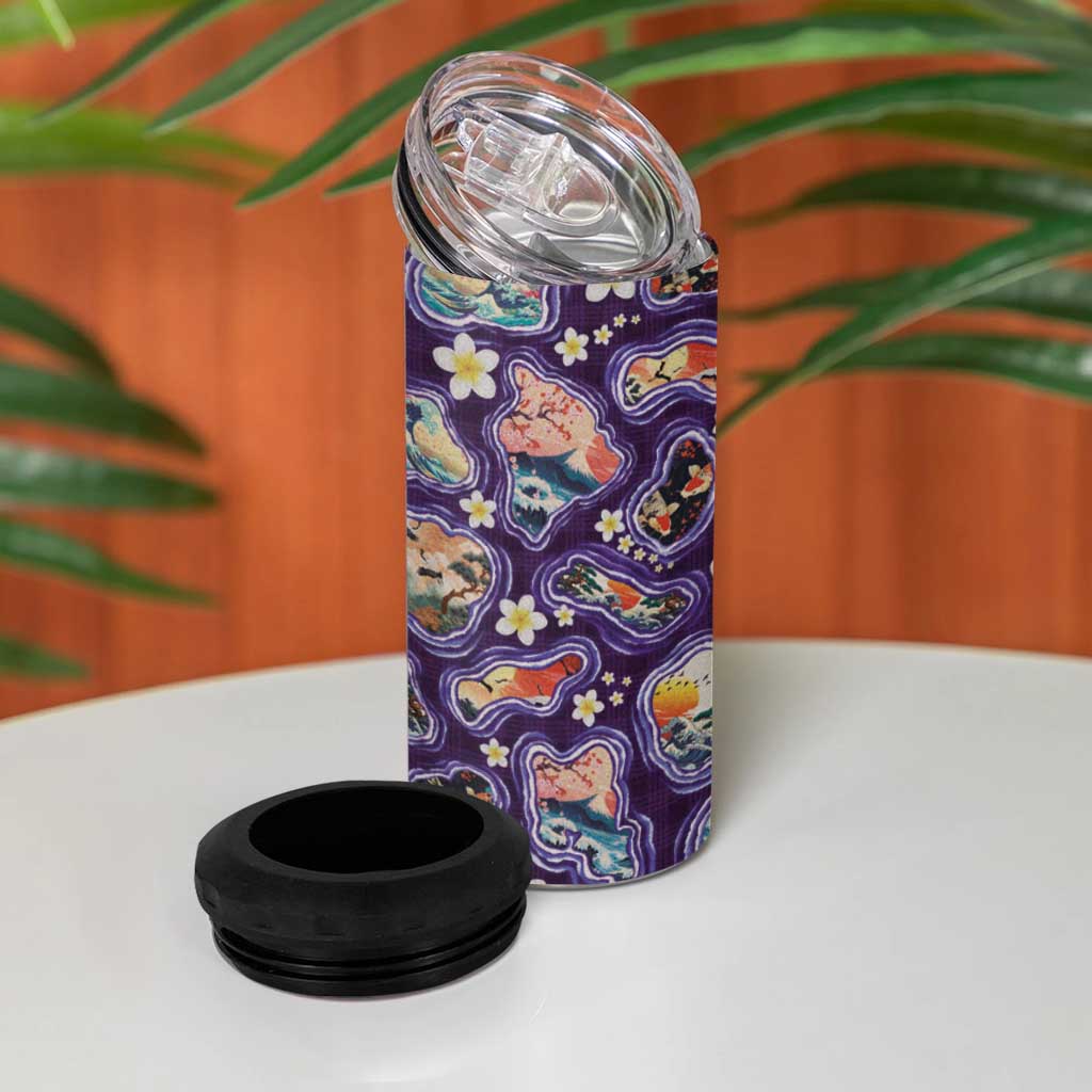 Hawaii Islands Map Design with Japanese Landscape 4 in 1 Can Cooler Tumbler Hawaiian Japan Fusion Art Purple Color