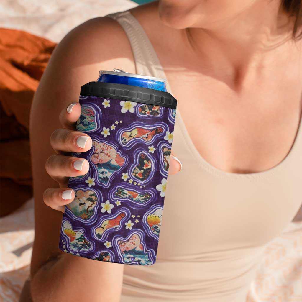 Hawaii Islands Map Design with Japanese Landscape 4 in 1 Can Cooler Tumbler Hawaiian Japan Fusion Art Purple Color