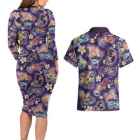 Hawaii Islands Map Design with Japanese Landscape Couples Matching Long Sleeve Bodycon Dress and Hawaiian Shirt Hawaiian Japan Fusion Art Purple Color