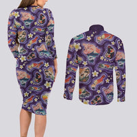 Hawaii Islands Map Design with Japanese Landscape Couples Matching Long Sleeve Bodycon Dress and Long Sleeve Button Shirt Hawaiian Japan Fusion Art Purple Color