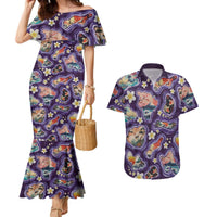 Hawaii Islands Map Design with Japanese Landscape Couples Matching Mermaid Dress and Hawaiian Shirt Hawaiian Japan Fusion Art Purple Color