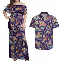 Hawaii Islands Map Design with Japanese Landscape Couples Matching Off Shoulder Maxi Dress and Hawaiian Shirt Hawaiian Japan Fusion Art Purple Color