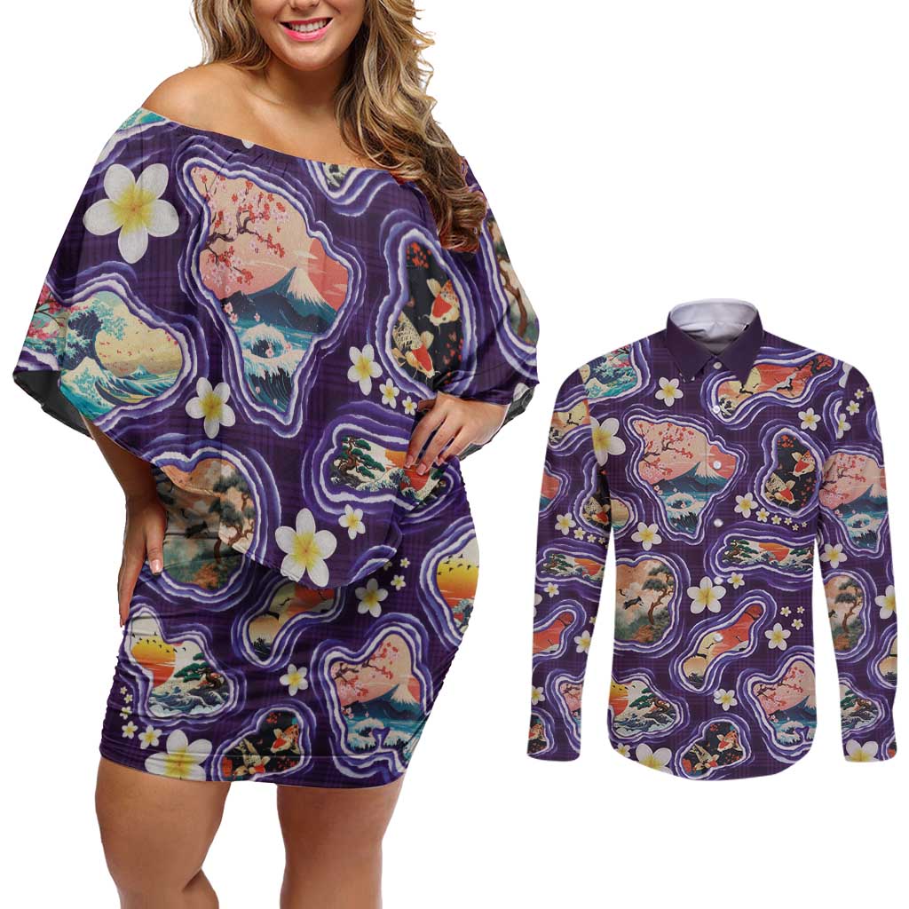 Hawaii Islands Map Design with Japanese Landscape Couples Matching Off Shoulder Short Dress and Long Sleeve Button Shirt Hawaiian Japan Fusion Art Purple Color