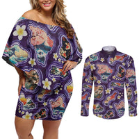 Hawaii Islands Map Design with Japanese Landscape Couples Matching Off Shoulder Short Dress and Long Sleeve Button Shirt Hawaiian Japan Fusion Art Purple Color