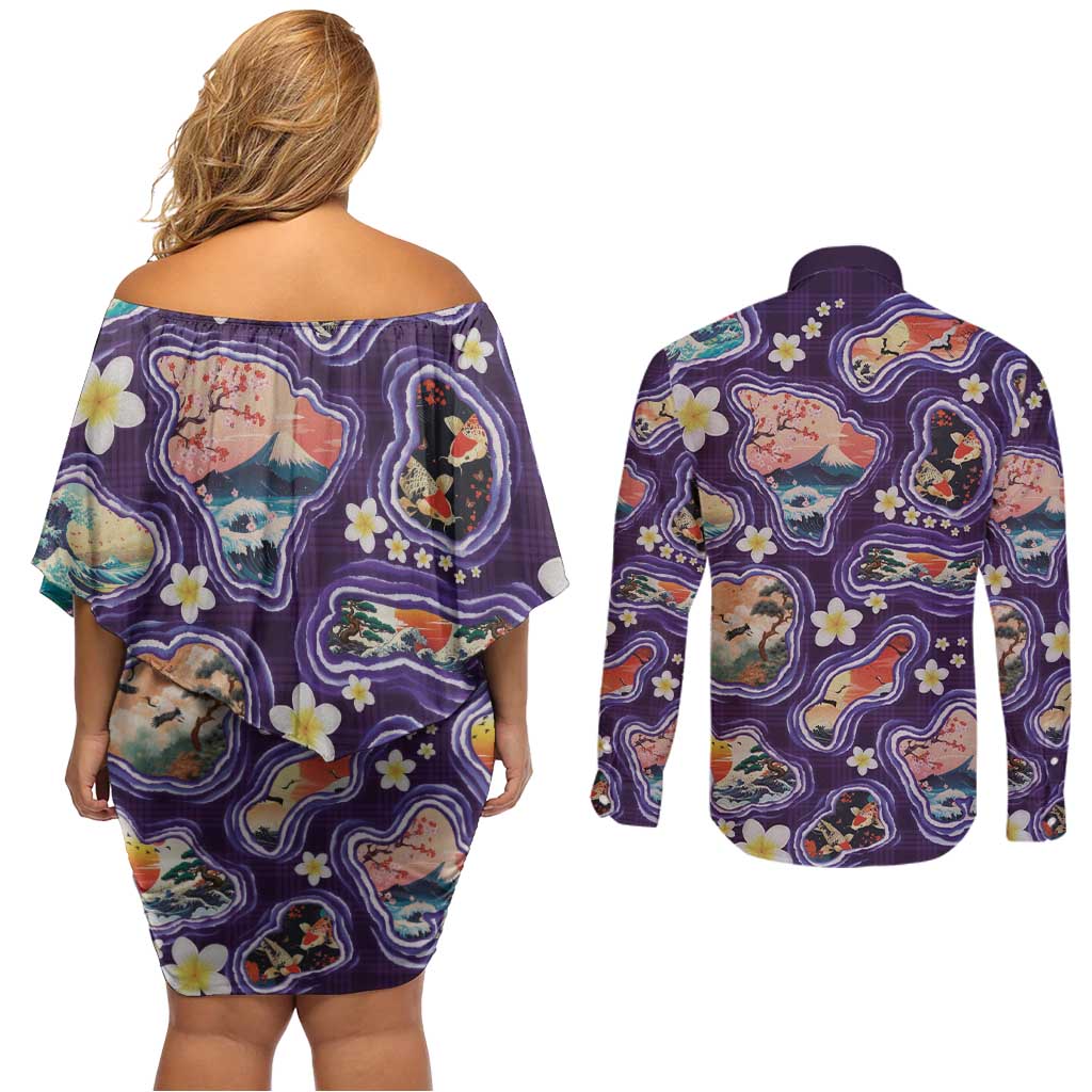 Hawaii Islands Map Design with Japanese Landscape Couples Matching Off Shoulder Short Dress and Long Sleeve Button Shirt Hawaiian Japan Fusion Art Purple Color