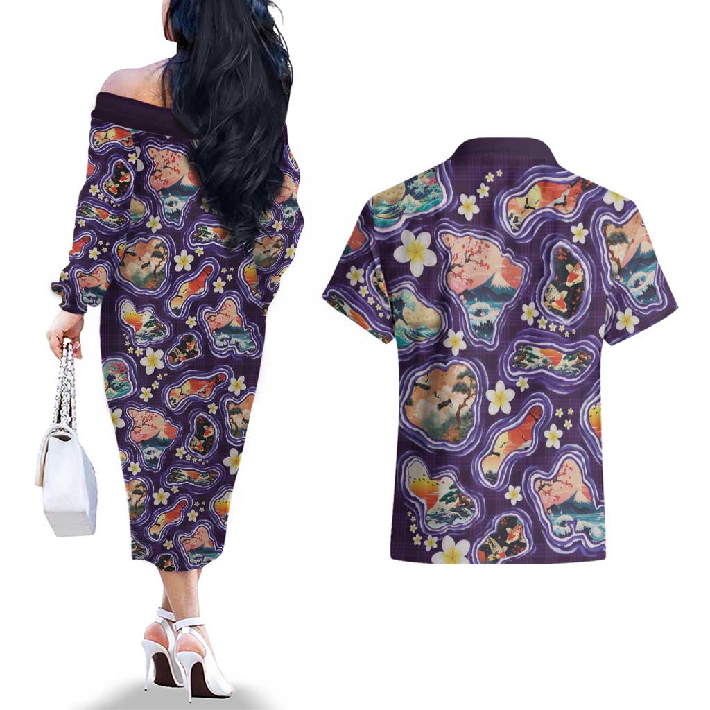 Hawaii Islands Map Design with Japanese Landscape Couples Matching Off The Shoulder Long Sleeve Dress and Hawaiian Shirt Hawaiian Japan Fusion Art Purple Color