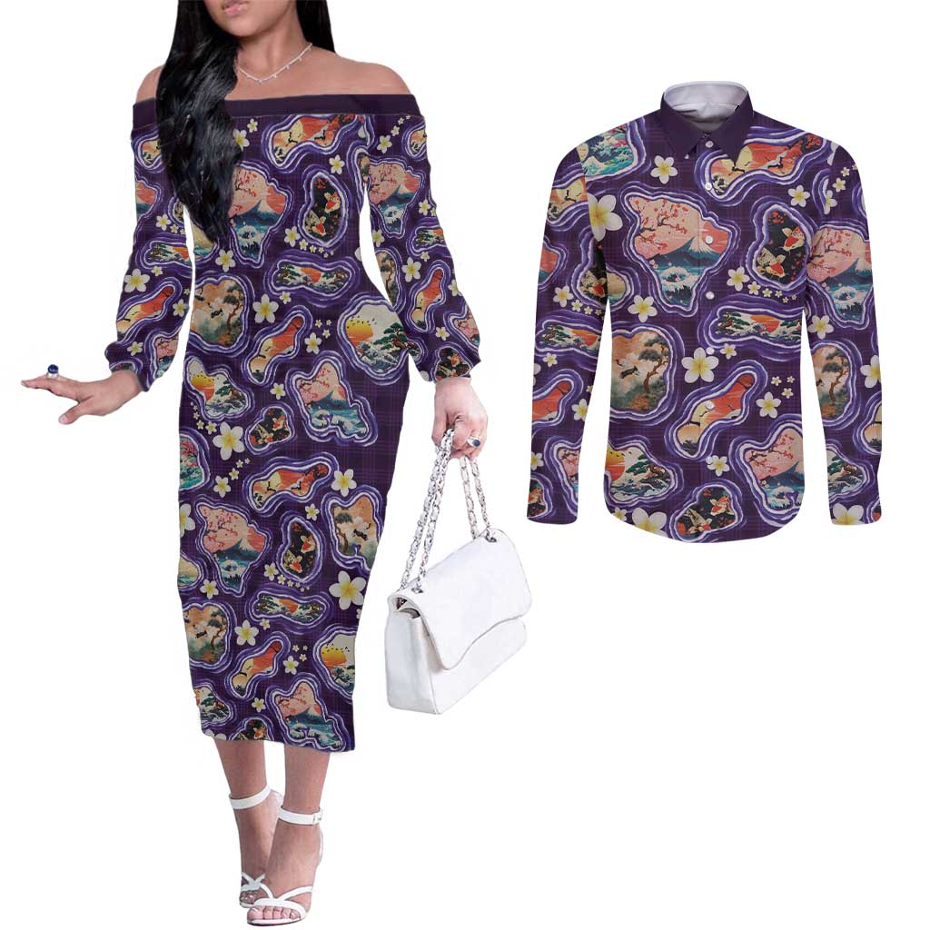 Hawaii Islands Map Design with Japanese Landscape Couples Matching Off The Shoulder Long Sleeve Dress and Long Sleeve Button Shirt Hawaiian Japan Fusion Art Purple Color