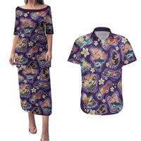Hawaii Islands Map Design with Japanese Landscape Couples Matching Puletasi and Hawaiian Shirt Hawaiian Japan Fusion Art Purple Color