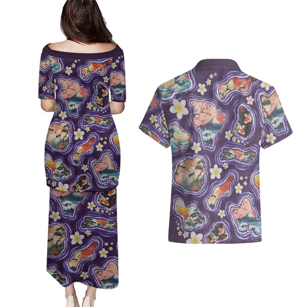 Hawaii Islands Map Design with Japanese Landscape Couples Matching Puletasi and Hawaiian Shirt Hawaiian Japan Fusion Art Purple Color