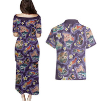 Hawaii Islands Map Design with Japanese Landscape Couples Matching Puletasi and Hawaiian Shirt Hawaiian Japan Fusion Art Purple Color