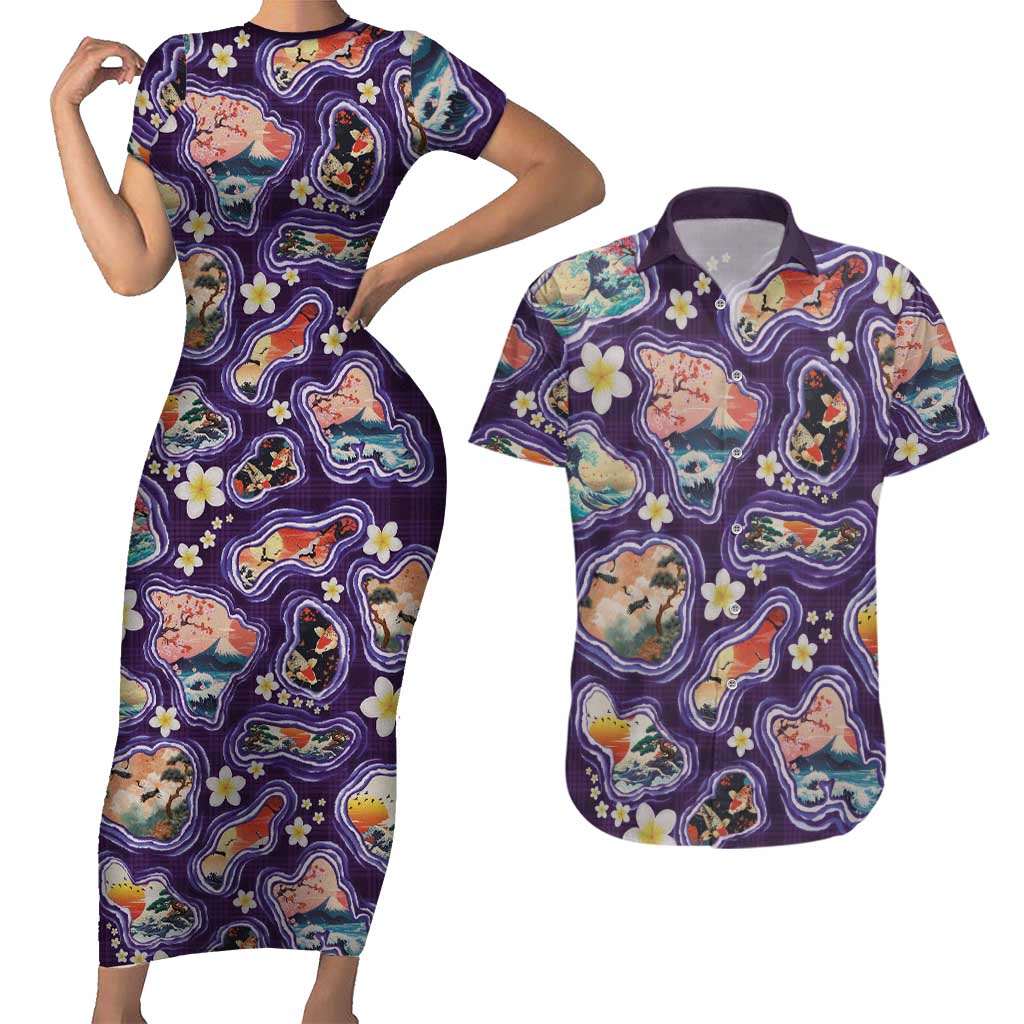 Hawaii Islands Map Design with Japanese Landscape Couples Matching Short Sleeve Bodycon Dress and Hawaiian Shirt Hawaiian Japan Fusion Art Purple Color LT03 Purple - Polynesian Pride