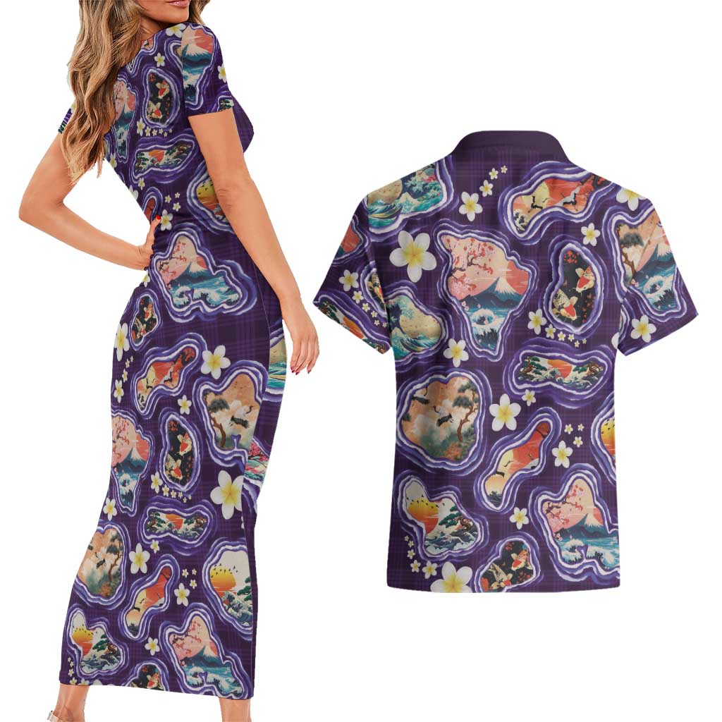 Hawaii Islands Map Design with Japanese Landscape Couples Matching Short Sleeve Bodycon Dress and Hawaiian Shirt Hawaiian Japan Fusion Art Purple Color