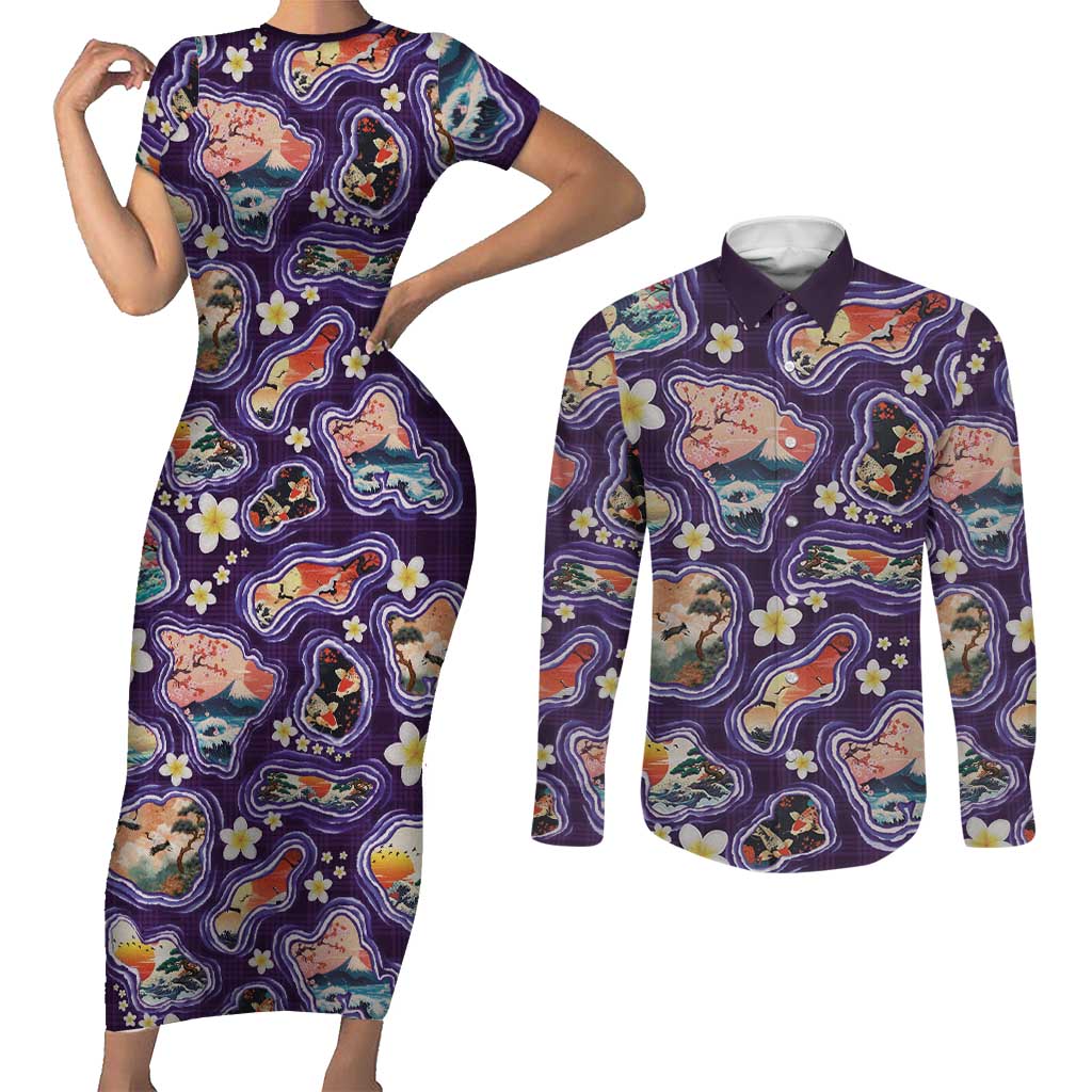 Hawaii Islands Map Design with Japanese Landscape Couples Matching Short Sleeve Bodycon Dress and Long Sleeve Button Shirt Hawaiian Japan Fusion Art Purple Color