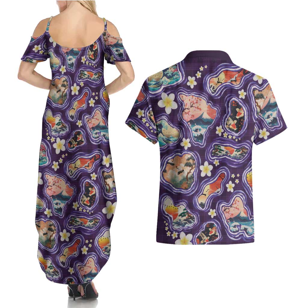 Hawaii Islands Map Design with Japanese Landscape Couples Matching Summer Maxi Dress and Hawaiian Shirt Hawaiian Japan Fusion Art Purple Color