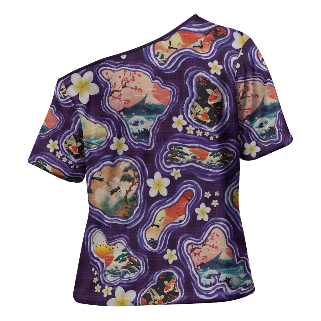 Hawaii Islands Map Design with Japanese Landscape Cross Shoulder Shirt Hawaiian Japan Fusion Art Purple Color