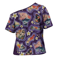 Hawaii Islands Map Design with Japanese Landscape Cross Shoulder Shirt Hawaiian Japan Fusion Art Purple Color