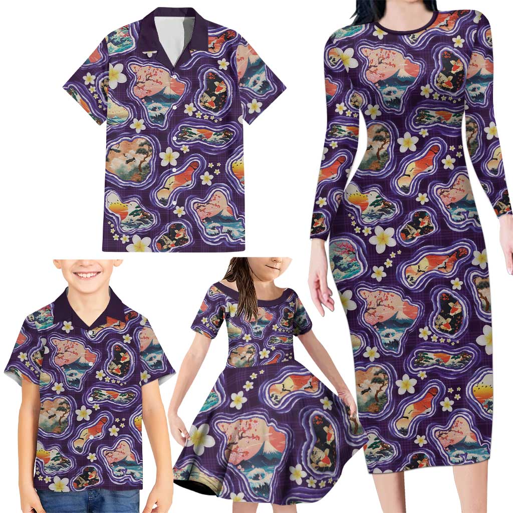 Hawaii Islands Map Design with Japanese Landscape Family Matching Long Sleeve Bodycon Dress and Hawaiian Shirt Hawaiian Japan Fusion Art Purple Color
