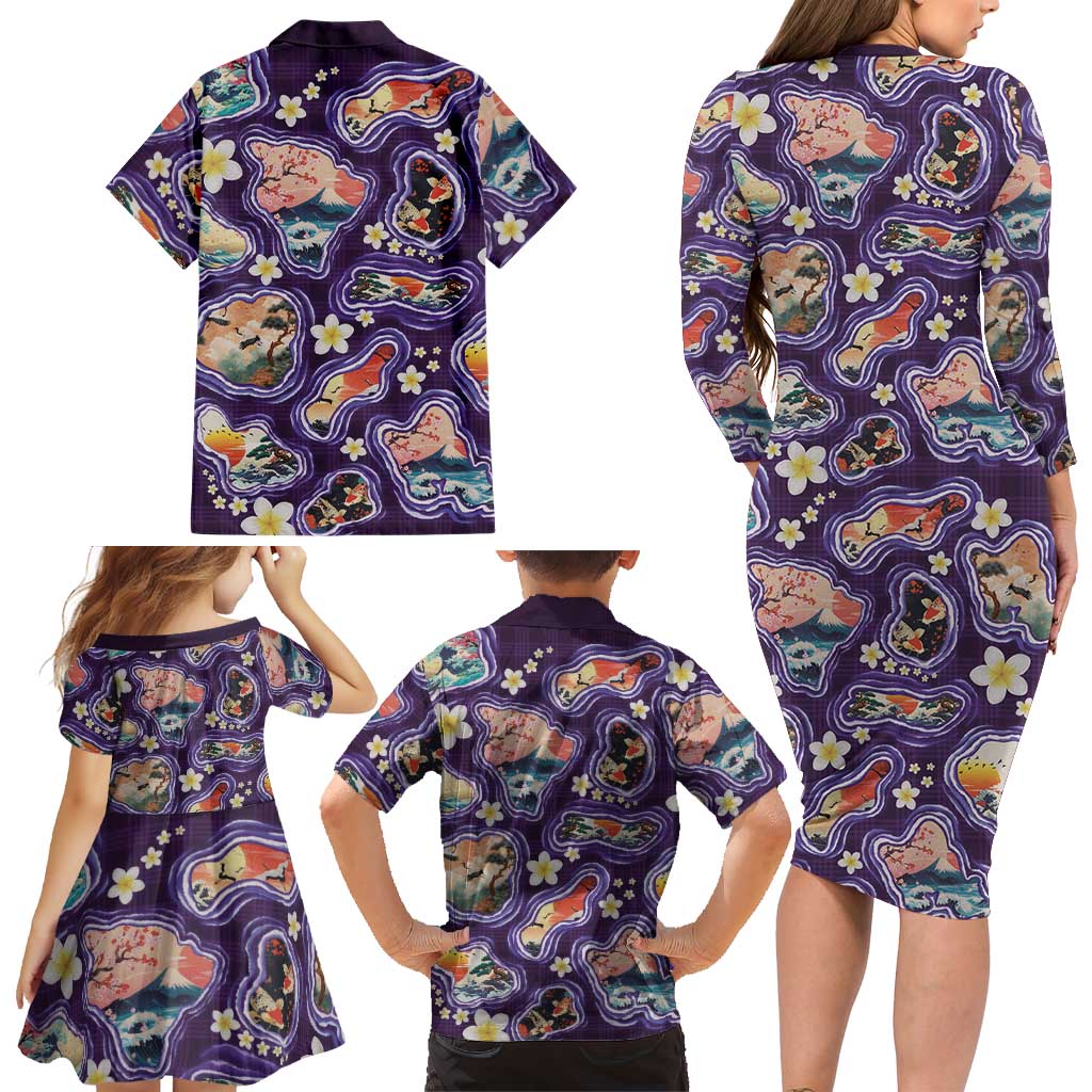 Hawaii Islands Map Design with Japanese Landscape Family Matching Long Sleeve Bodycon Dress and Hawaiian Shirt Hawaiian Japan Fusion Art Purple Color