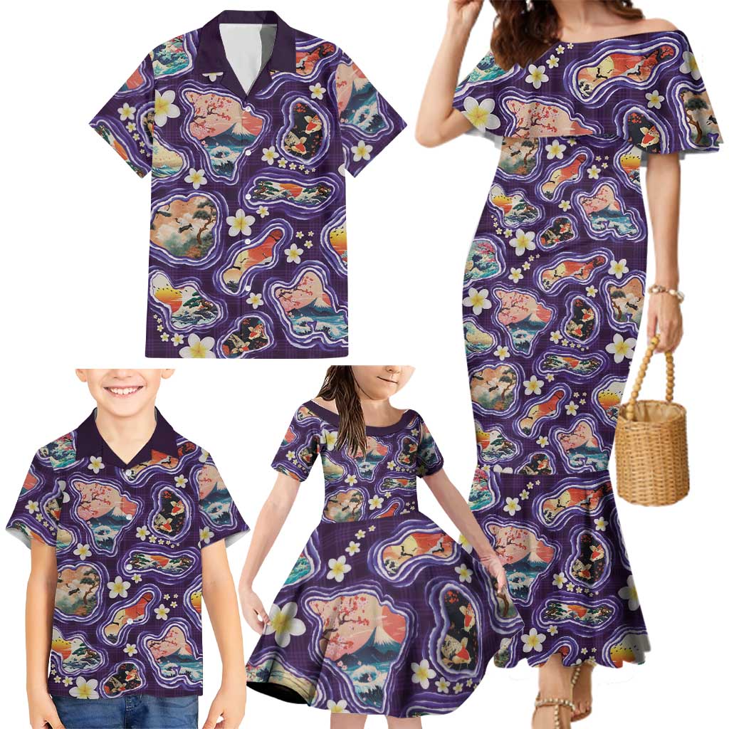 Hawaii Islands Map Design with Japanese Landscape Family Matching Mermaid Dress and Hawaiian Shirt Hawaiian Japan Fusion Art Purple Color LT03 - Polynesian Pride