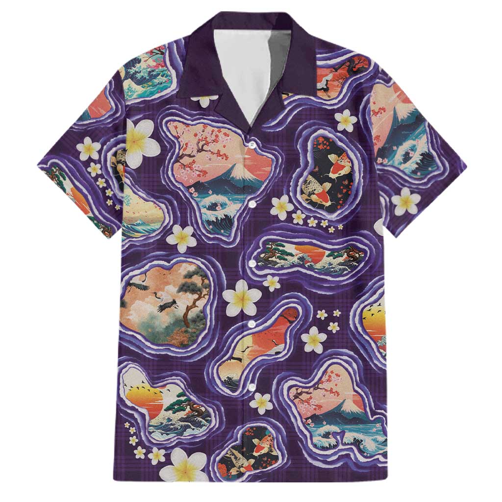 Hawaii Islands Map Design with Japanese Landscape Family Matching Mermaid Dress and Hawaiian Shirt Hawaiian Japan Fusion Art Purple Color