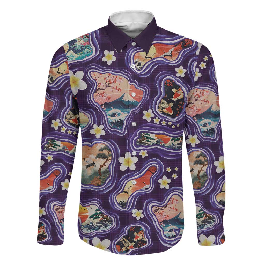 Hawaii Islands Map Design with Japanese Landscape Family Matching Mermaid Dress and Hawaiian Shirt Hawaiian Japan Fusion Art Purple Color
