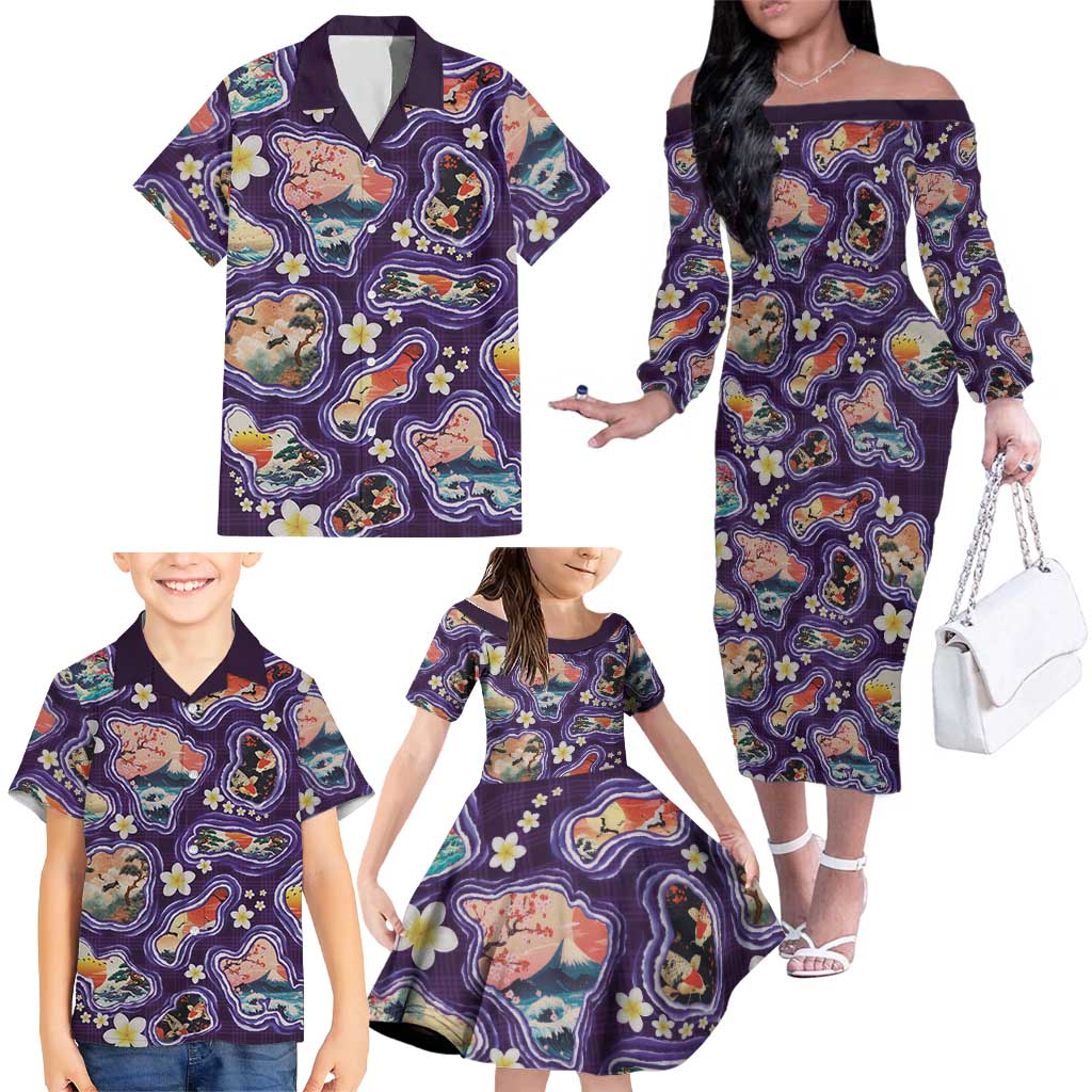 Hawaii Islands Map Design with Japanese Landscape Family Matching Off The Shoulder Long Sleeve Dress and Hawaiian Shirt Hawaiian Japan Fusion Art Purple Color LT03 - Polynesian Pride