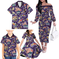 Hawaii Islands Map Design with Japanese Landscape Family Matching Off The Shoulder Long Sleeve Dress and Hawaiian Shirt Hawaiian Japan Fusion Art Purple Color