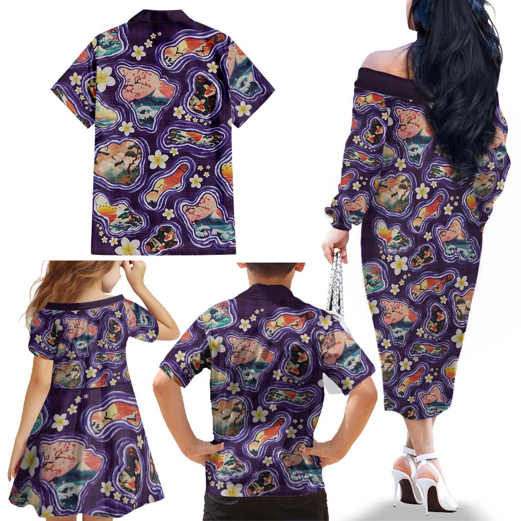 Hawaii Islands Map Design with Japanese Landscape Family Matching Off The Shoulder Long Sleeve Dress and Hawaiian Shirt Hawaiian Japan Fusion Art Purple Color