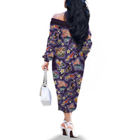 Hawaii Islands Map Design with Japanese Landscape Family Matching Off The Shoulder Long Sleeve Dress and Hawaiian Shirt Hawaiian Japan Fusion Art Purple Color
