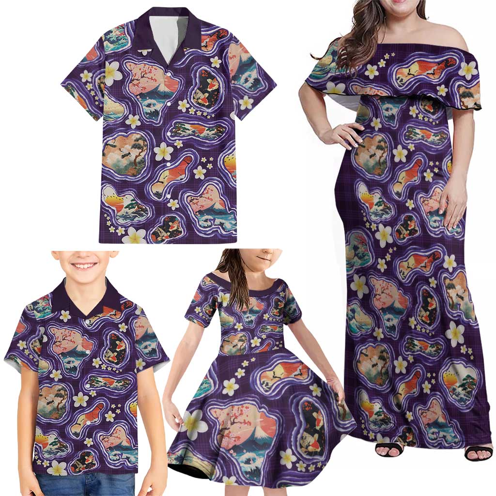 Hawaii Islands Map Design with Japanese Landscape Family Matching Off Shoulder Maxi Dress and Hawaiian Shirt Hawaiian Japan Fusion Art Purple Color LT03 - Polynesian Pride
