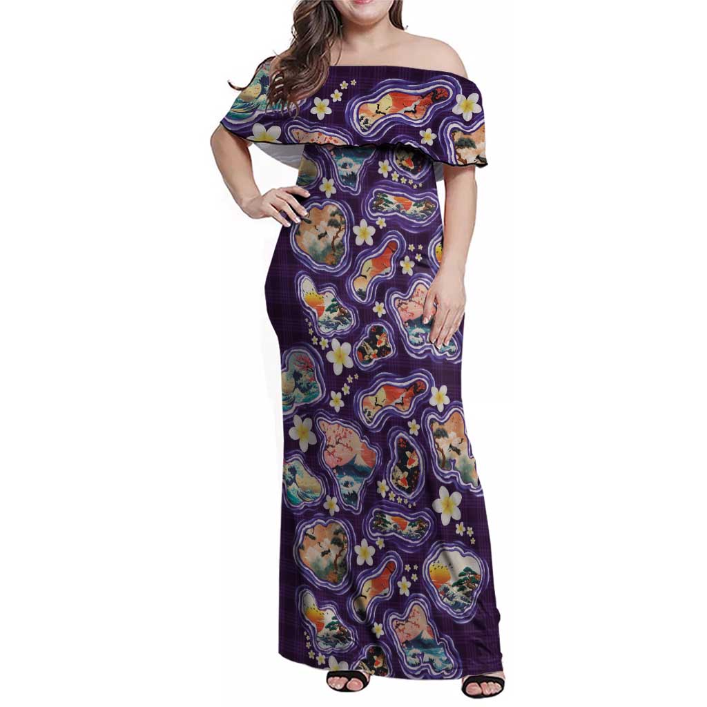 Hawaii Islands Map Design with Japanese Landscape Family Matching Off Shoulder Maxi Dress and Hawaiian Shirt Hawaiian Japan Fusion Art Purple Color