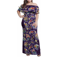 Hawaii Islands Map Design with Japanese Landscape Family Matching Off Shoulder Maxi Dress and Hawaiian Shirt Hawaiian Japan Fusion Art Purple Color