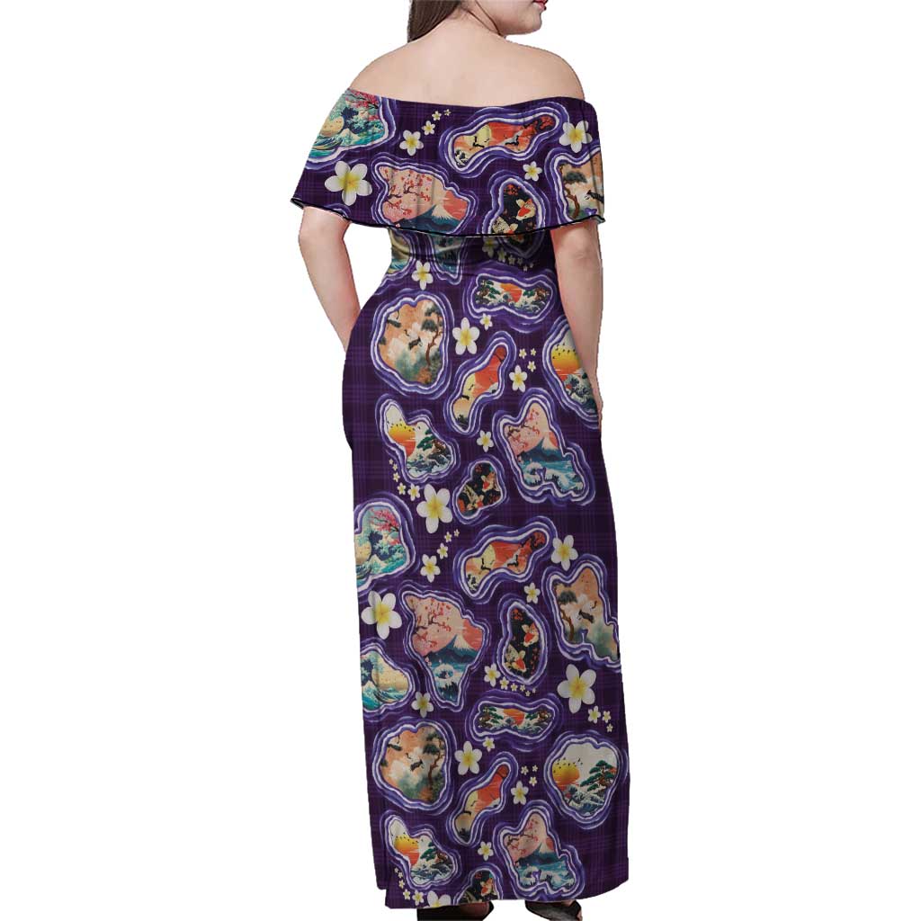 Hawaii Islands Map Design with Japanese Landscape Family Matching Off Shoulder Maxi Dress and Hawaiian Shirt Hawaiian Japan Fusion Art Purple Color