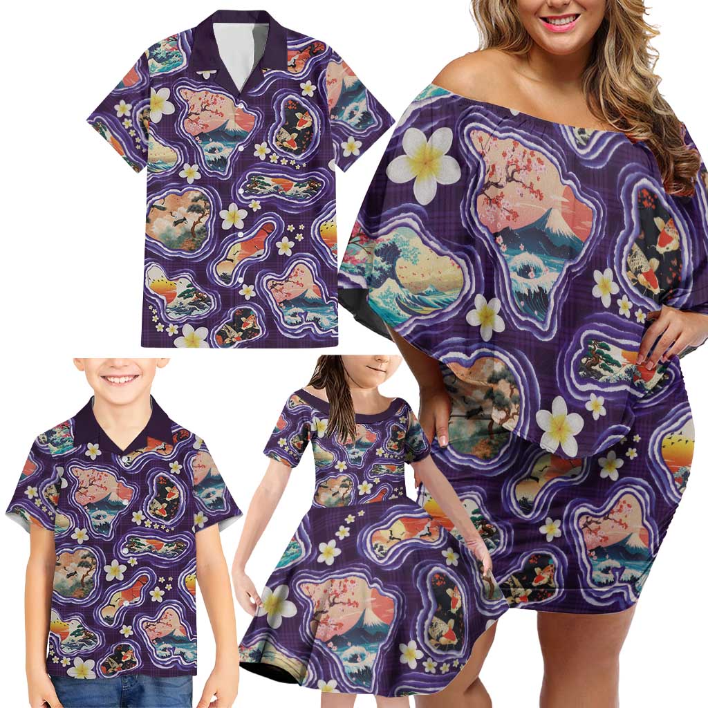 Hawaii Islands Map Design with Japanese Landscape Family Matching Off Shoulder Short Dress and Hawaiian Shirt Hawaiian Japan Fusion Art Purple Color