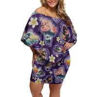 Hawaii Islands Map Design with Japanese Landscape Family Matching Off Shoulder Short Dress and Hawaiian Shirt Hawaiian Japan Fusion Art Purple Color