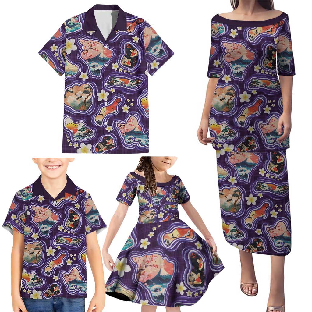 Hawaii Islands Map Design with Japanese Landscape Family Matching Puletasi and Hawaiian Shirt Hawaiian Japan Fusion Art Purple Color LT03 - Polynesian Pride