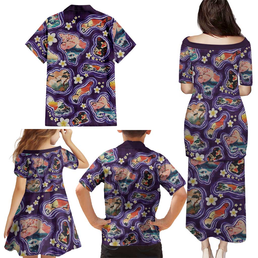 Hawaii Islands Map Design with Japanese Landscape Family Matching Puletasi and Hawaiian Shirt Hawaiian Japan Fusion Art Purple Color