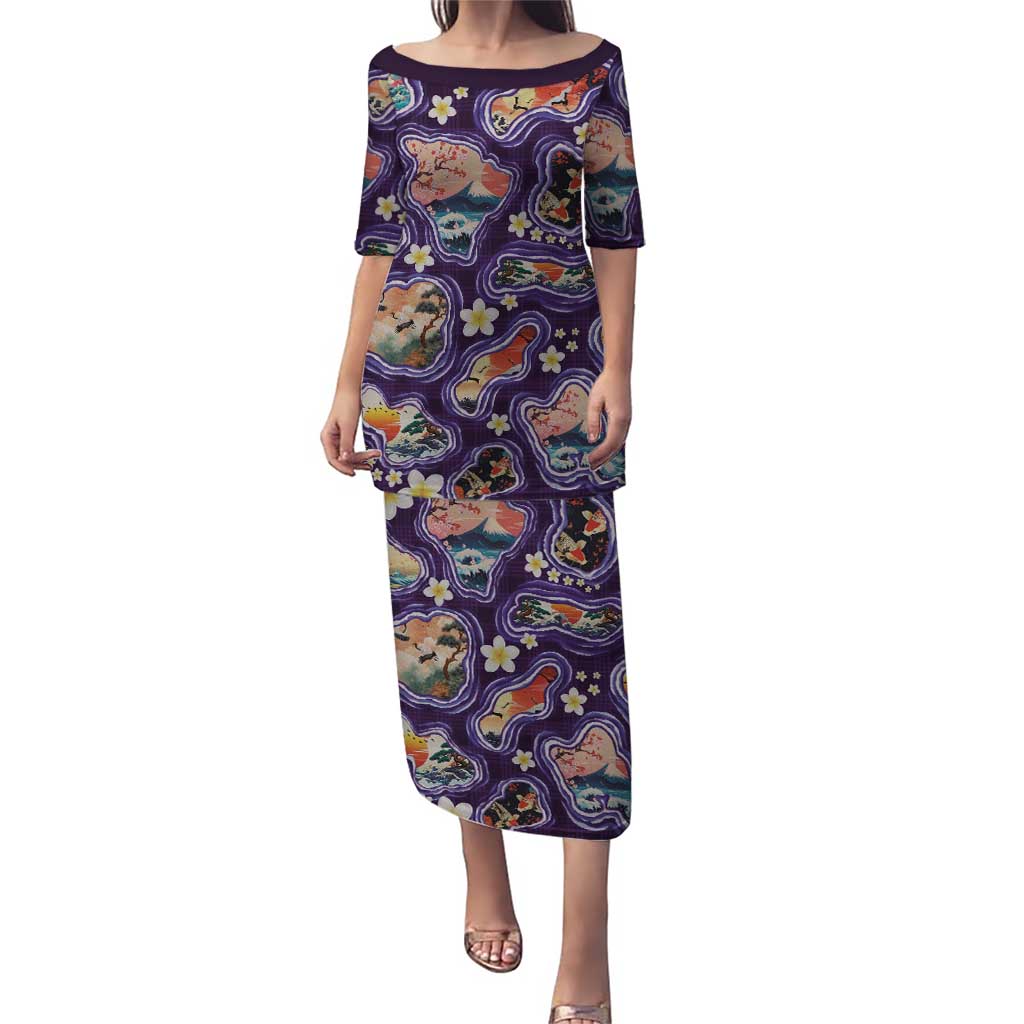 Hawaii Islands Map Design with Japanese Landscape Family Matching Puletasi and Hawaiian Shirt Hawaiian Japan Fusion Art Purple Color