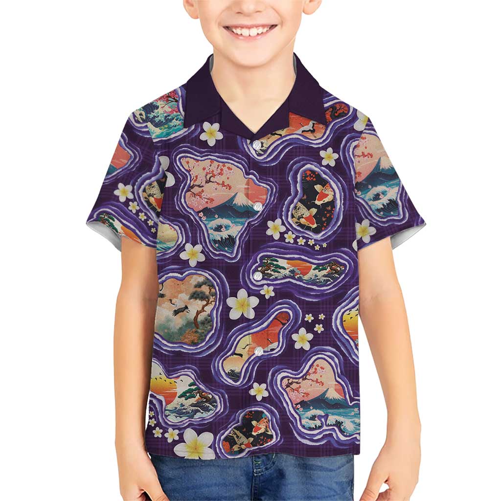 Hawaii Islands Map Design with Japanese Landscape Family Matching Puletasi and Hawaiian Shirt Hawaiian Japan Fusion Art Purple Color