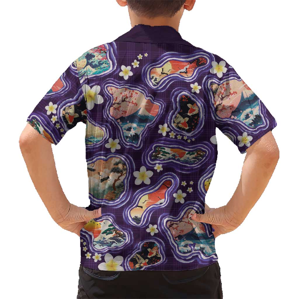 Hawaii Islands Map Design with Japanese Landscape Family Matching Short Sleeve Bodycon Dress and Hawaiian Shirt Hawaiian Japan Fusion Art Purple Color