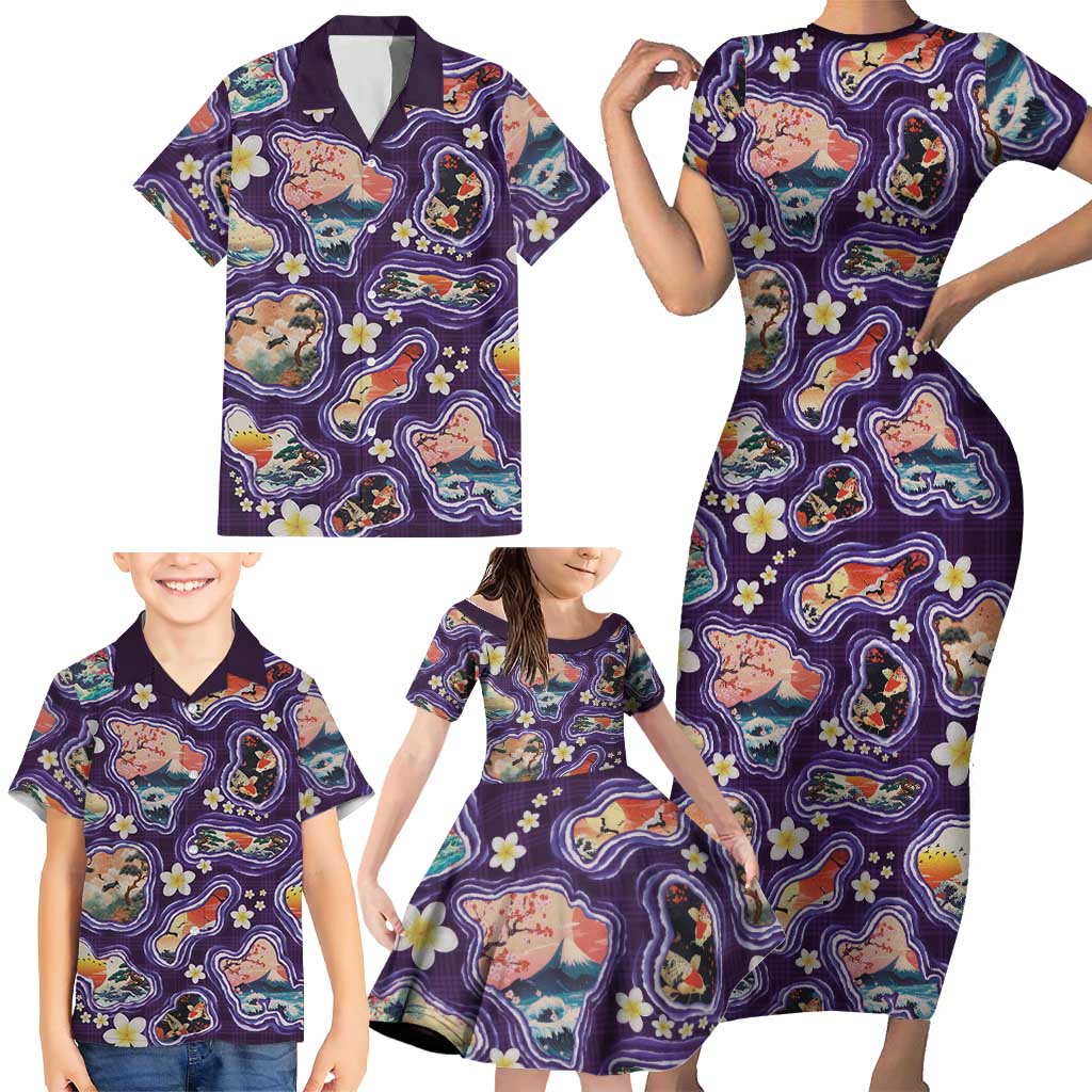 Hawaii Islands Map Design with Japanese Landscape Family Matching Short Sleeve Bodycon Dress and Hawaiian Shirt Hawaiian Japan Fusion Art Purple Color