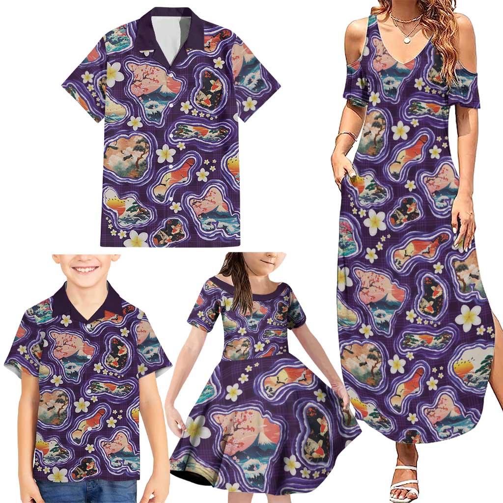 Hawaii Islands Map Design with Japanese Landscape Family Matching Summer Maxi Dress and Hawaiian Shirt Hawaiian Japan Fusion Art Purple Color