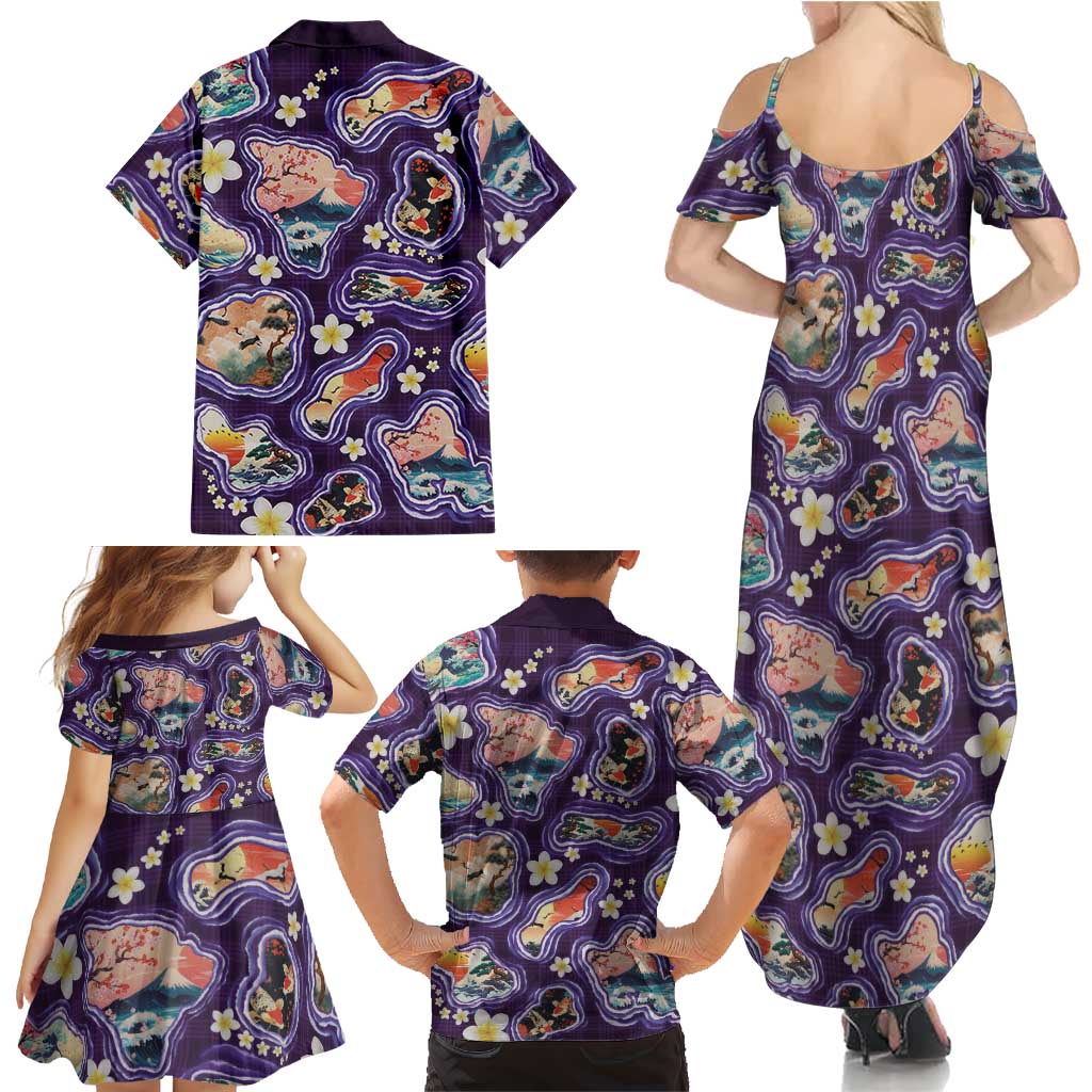 Hawaii Islands Map Design with Japanese Landscape Family Matching Summer Maxi Dress and Hawaiian Shirt Hawaiian Japan Fusion Art Purple Color