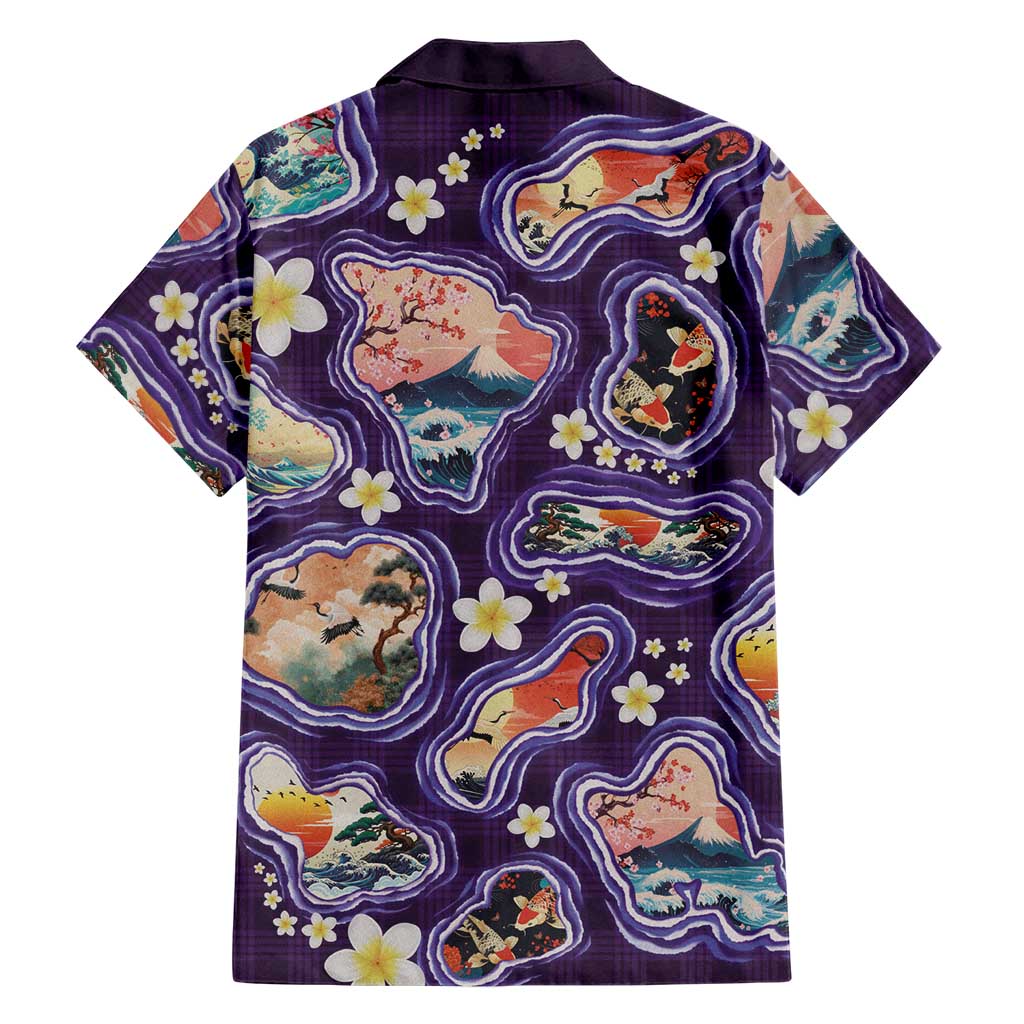 Hawaii Islands Map Design with Japanese Landscape Family Matching Summer Maxi Dress and Hawaiian Shirt Hawaiian Japan Fusion Art Purple Color