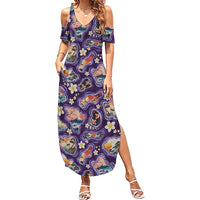 Hawaii Islands Map Design with Japanese Landscape Family Matching Summer Maxi Dress and Hawaiian Shirt Hawaiian Japan Fusion Art Purple Color