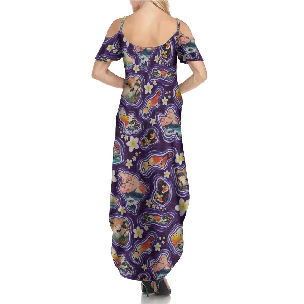 Hawaii Islands Map Design with Japanese Landscape Family Matching Summer Maxi Dress and Hawaiian Shirt Hawaiian Japan Fusion Art Purple Color