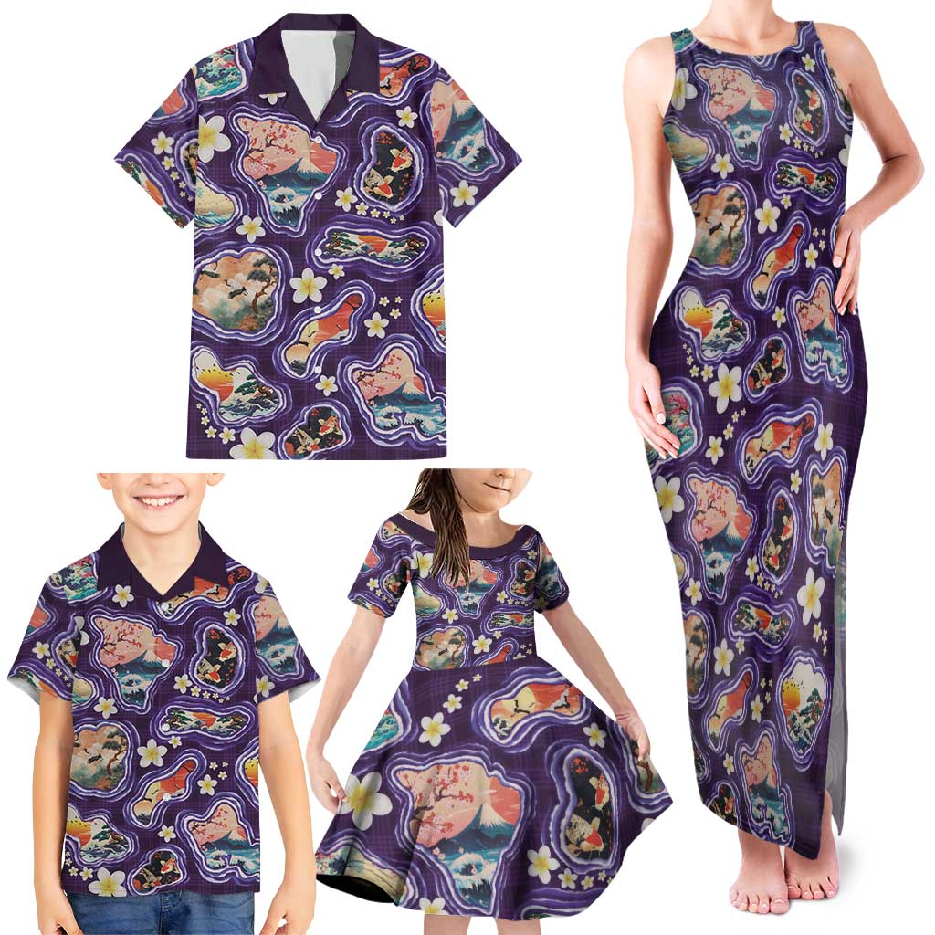 Hawaii Islands Map Design with Japanese Landscape Family Matching Tank Maxi Dress and Hawaiian Shirt Hawaiian Japan Fusion Art Purple Color