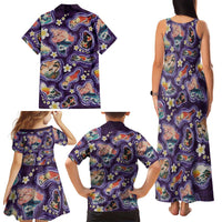 Hawaii Islands Map Design with Japanese Landscape Family Matching Tank Maxi Dress and Hawaiian Shirt Hawaiian Japan Fusion Art Purple Color