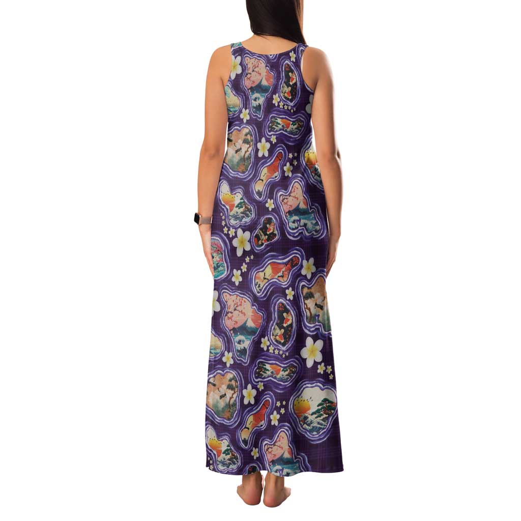 Hawaii Islands Map Design with Japanese Landscape Family Matching Tank Maxi Dress and Hawaiian Shirt Hawaiian Japan Fusion Art Purple Color