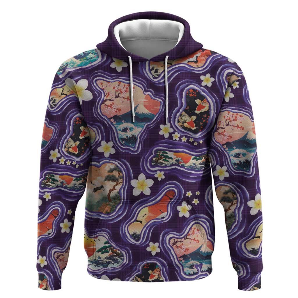 Hawaii Islands Map Design with Japanese Landscape Hoodie Hawaiian Japan Fusion Art Purple Color